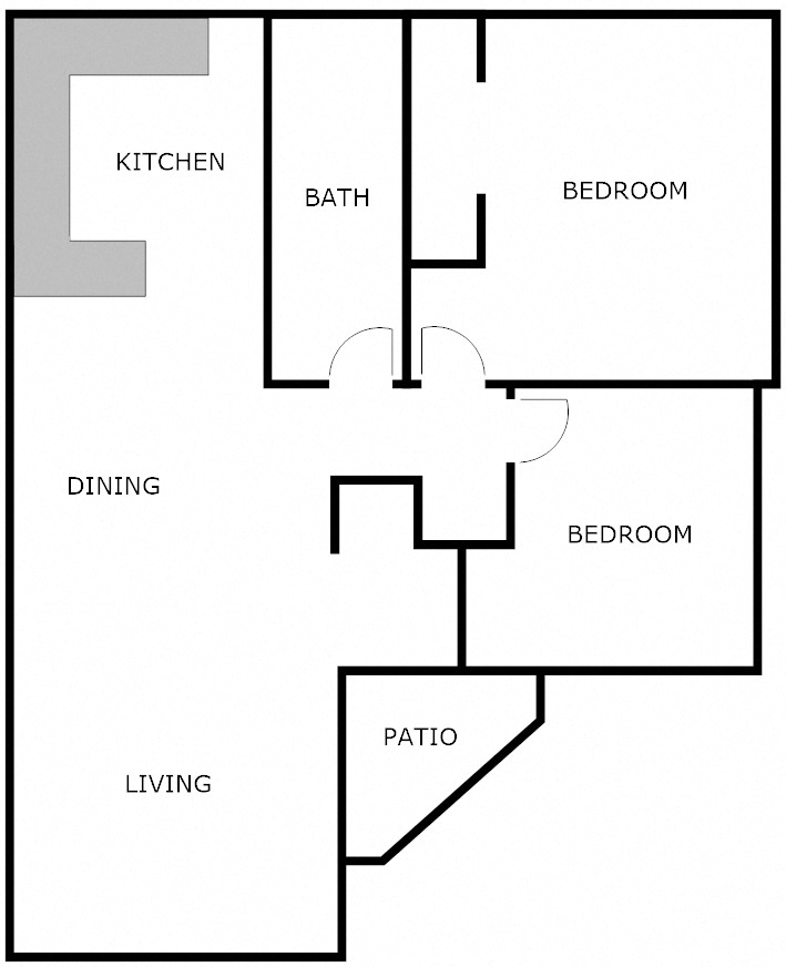 Floor plan for 2 beds, 1 bath, 1000 sqft